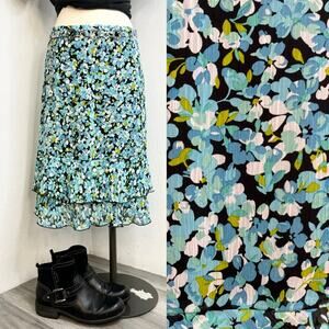 Y2K Midi Skirt Floral Print Blue Black Cottagecore Boho Size Small